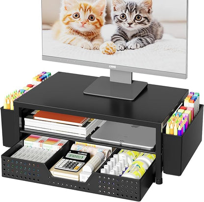 OPNICE Desk Organizer, 2-Tier Computer Monitor Stand Riser with Drawer and 2 Pen Holders, Laptop Stand, Office Desk Accessories for Office Supplies, Black