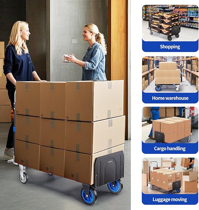 Leomru Pro 3 in 1 Aluminium Hand Truck 660lbs Capacity, Heavy Duty Convertible Hand Truck Dolly W/ 4 Rubber Wheels, Foldable Dolly Cart Collapsible Trolley for Warehouse Home Moving