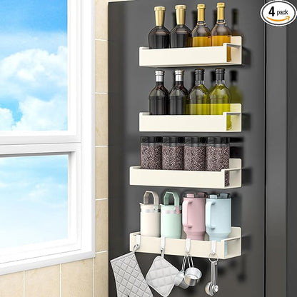 HuggieGems 4 Pack Magnetic Spice Rack Organizer for Refrigerator and Oven, Cream White Fridge Organizers and Storage for Kitchen