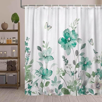 Teal Floral Shower Curtain, Teal Lavender Floral Butterfly Boho Shower Curtains for Bathroom, Farmhous Flower Cute Fabric Shower Curtain Set with 12PCS Hooks, 70X85IN