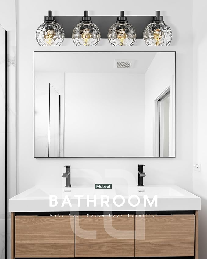 Bathroom Light Fixtures Over Mirror, 26" Matte Black Vanity Light with Clear Hammered Glass Globe Shade, 4-Light Modern Sconces Wall Lighting for Bedroom Hallway, VL200-MB-CL-4