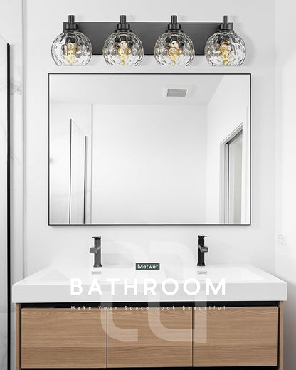 Bathroom Light Fixtures Over Mirror, 26" Matte Black Vanity Light with Clear Hammered Glass Globe Shade, 4-Light Modern Sconces Wall Lighting for Bedroom Hallway, VL200-MB-CL-4