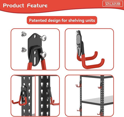 WALMANN 12 PCS Garage Storage Hooks, Wall Mount Utility Hooks for Tools, Ladders, Cords, Folding Chairs, Shovels and Rakes, Shelving Hooks for Keyhole Shelving Units