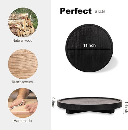 Round Decorative Tray Wood Bathroom Counter Organizer Farmhouse Kitchen Decor Wooden Riser for Soap Dish, Perfume, Candle, Sponge, 11" - Black