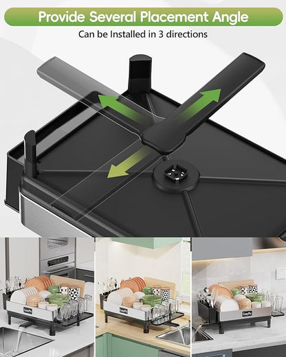 Dish Racks, Thicker Premium 304 Stainless Steel Dish Drying Rack for Kitchen Counter, Automatic Drainage Spout, Dish Drainer & Drainboard Set with Utensil Holder and Cup Holder, Black