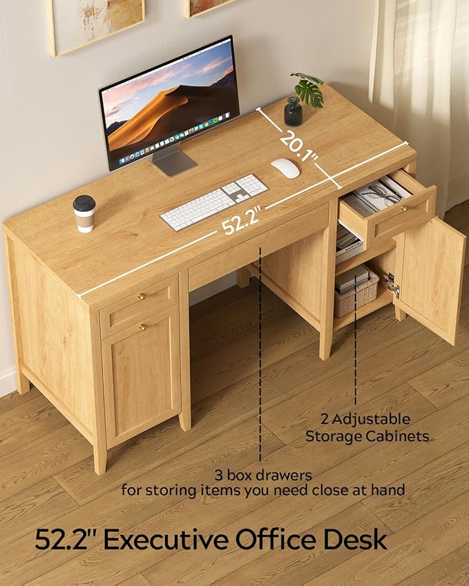 52" Executive Desk with Storage Drawer, Farmhouse Home Office Desk with Storage Cabinet Wood Computer Writing Desk for Study Office, Natural Oak