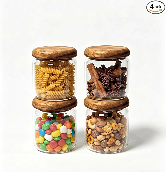 4-Pack 13 fl oz Wide Mouth Mason Jars with Spoon & Labels, Acacia Wood Lids, Press Seal, No Plastic, for Food, Snacks, Candy, Fruits, Coffee Beans, Spices & Dry Storage, Pantry Organizer.