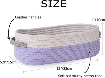 2 Pack Small Cotton Rope Woven Basket Toilet Paper Baskets for Organizing Decorative Baskets for Boho Decor Small Storage Basket 13"x5.9"x4" Purple