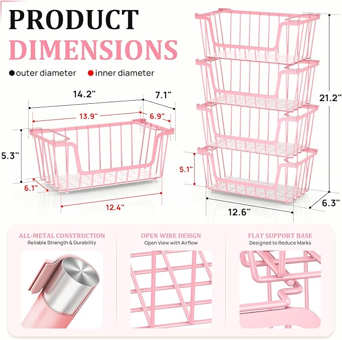 SUNALLY Stackable Storage Bins 4 Pcs Wire Baskets for Pantry Organizers and Storage, Vegetable Fruit Storage Basket for Countertop Organizer,Kitchen Baskets for Onion Potato Snack Cans Storage,Pink