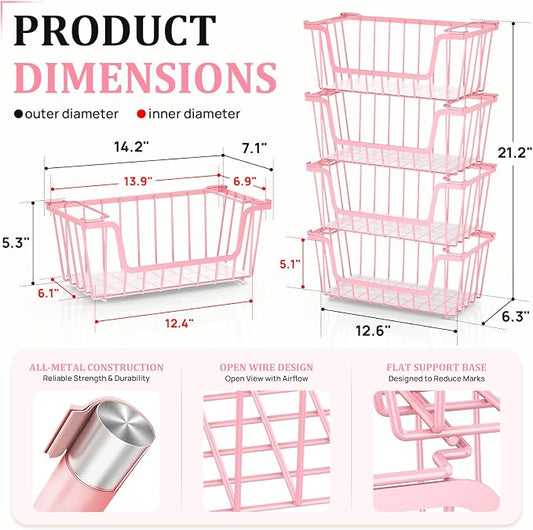 SUNALLY Stackable Storage Bins 4 Pcs Wire Baskets for Pantry Organizers and Storage, Vegetable Fruit Storage Basket for Countertop Organizer,Kitchen Baskets for Onion Potato Snack Cans Storage,Pink
