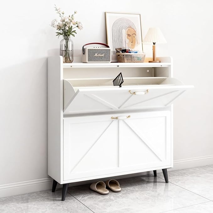 Shoe Storage Cabinet for Entryway with 2 Flip Drawers, Metal Slim Narrow Shoe Cabinet, Freestanding Hidden Shoe Organizer for Foyer, Hallway, Entryway - White