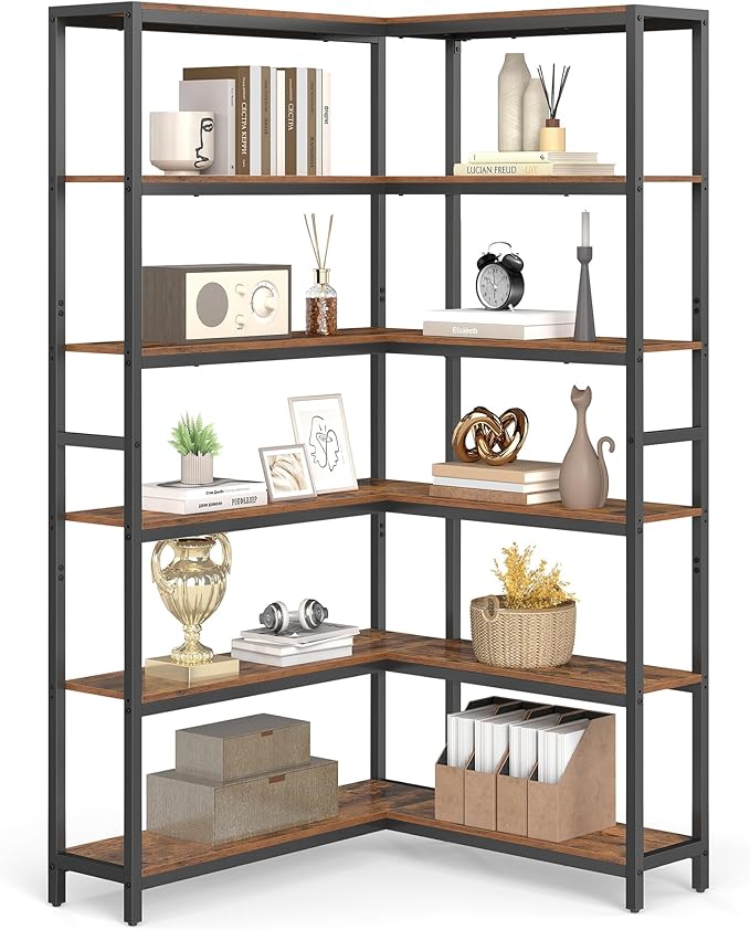 VASAGLE 6 Tier Bookshelf with Metal Frame, Convertible Industrial Corner Shelf, 9.4 x 52.8 x 69 Inches, for Living Room, Bedroom, Home Office, Rustic Brown and Ink Black ULLS806K01