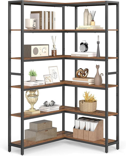VASAGLE 6 Tier Bookshelf with Metal Frame, Convertible Industrial Corner Shelf, 9.4 x 52.8 x 69 Inches, for Living Room, Bedroom, Home Office, Rustic Brown and Ink Black ULLS806K01
