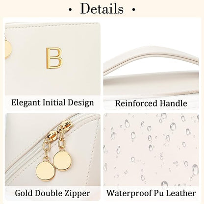 Valentine's Day Gifts for Women Teen Girl, Personalized Initial Makeup Organizer Bag Set, Open Flat Travel Cosmetic Bag With Clear Divider and Handle(Beige,B)