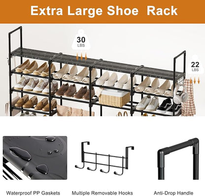WOWLIVE 4 Row 9 Tiers Extra Large Shoe Rack 68-72 Pairs Big Tall Metal Shoe Shelf, Heavy Duty Organizer for Closet Entryway, Boot Rack Storage Stackable Stand for Garage Black