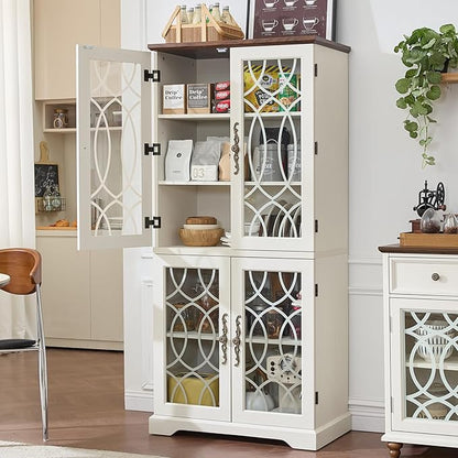67" Tall Pantry Cabinet Set of 3, Vintage Kitchen Pantries Cabinets with Glass Doors & Adjustable Shelves, Wood Cupboard with Large Storage for Dingning Room, Bathroom, Antique White
