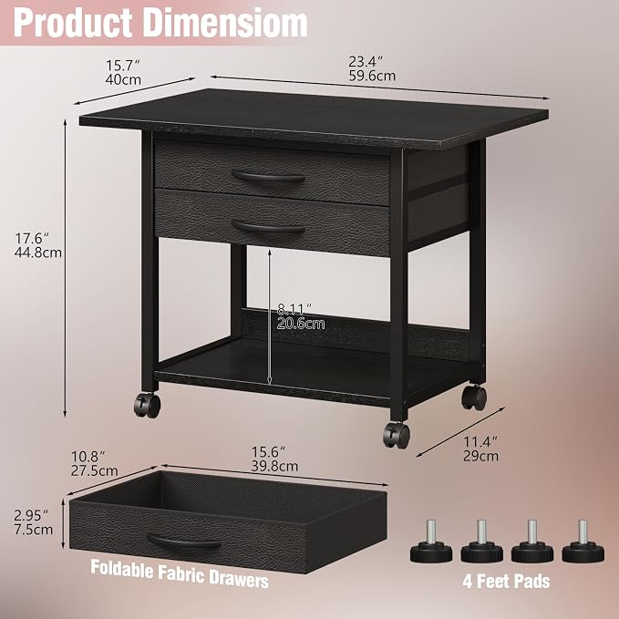 VENNQD Large Printer Stand with Storage Fabric Drawer Under Desk Printer Table with Wheels for Home Office, Printer Cart fit Fax Machine Scanner 23.4"x15.7" (Black, 2 Tiers)