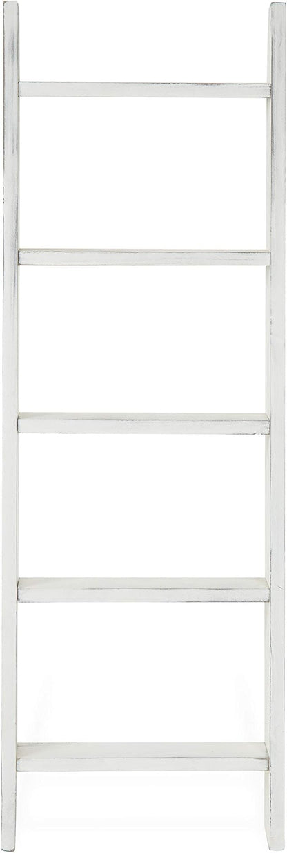 MyGift Large Whitewashed Wood Ladder Blanket Ladder, Farmhouse Style Wall Leaning Towel Rack with 5 Rungs (Vintage White)