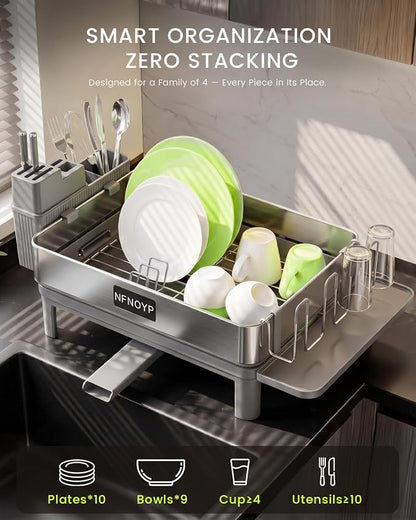 Dish Drying Rack, 304 Stainless Steel Dish Rack and Drainboard Set, Rustproof Dish Drainer with Anti-Pooling Automatic Drainage, Large Capacity Kitchen Counter Organizer, Grey