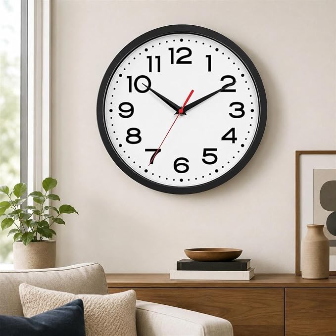Roymnie Wall Clock Silent Non-Ticking Modern Clock Battery Operated 12 Inch Classic Analog Decorative for Classroom, Living Room, Office, Bedroom, School, Hotel (Black)