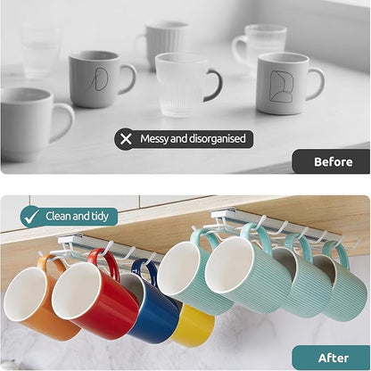 LiaMeE Sliding Mug Hooks Under Cabinet - Pull Out Coffee Cup Holder Rack with 12 Hooks, Metal Under Shelf Mug Organizer for Kitchen, Space Saving Hanging Storage (White，2PCS)
