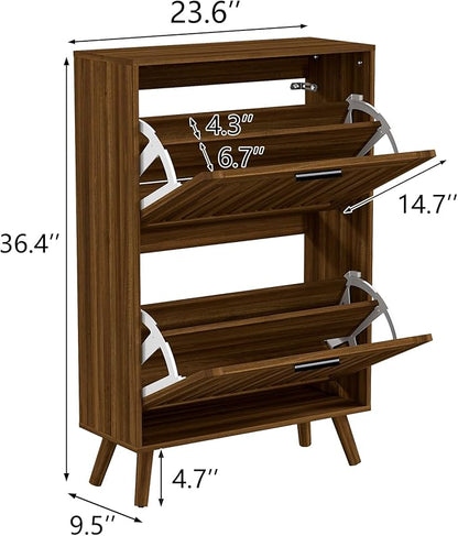 Vibe & Dine Shoe Cabinet with 2 Flip Drawers, Walnut Shoe Storage Cabinet for Entryway Slim, Free Standing Shoe Rack Organizer with Hollowed Doors for Hallway, Bedroom