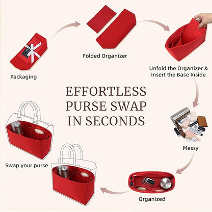 Purse Organizer Insert, Satin Tote Bag Organizer with 8 Sizes, Handbag Dividers for Inside Purse, Compatible with Longchamp, Neverful, 25C Hobo and More Bags（Slender Medium,Ruby）
