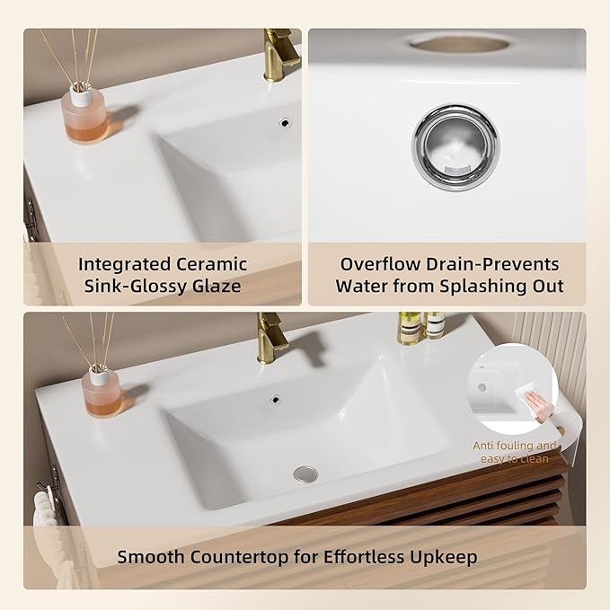VNN 32 Inch Bathroom Vanity with Ceramic Sink - Freestanding Modern Bathroom Storage Vanity Cabinet with Fluted Design, Soft-Close Doors, Shelves, Toilet Paper Holder & Towel Hooks, Walnut