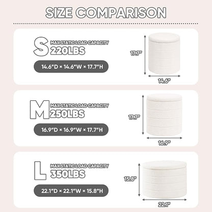 PINPLUS Round Storage Ottoman Foot Rest Stool with Tray Velvet Sherpa Folding Storage Ottoman,Boucle Foot Rest for Living Room, Bedroom, Dorm（White）