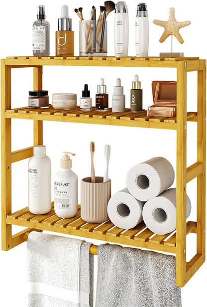 Galood Over The Toilet Storage Bathroom Shelves Wall Mounted 3 Tier Space Saver Corner Shelf Organizer Bamboo Towel Rack Toilet Paper Cabinet with Hanging Rod Yellow
