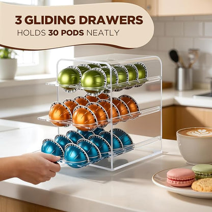 Acrylic Coffee Pod Holder for Nespresso Vertuo Pods, Countertop Coffee Capsule Storage Organizer, Coffee Drawer for Espresso Accessories, Coffee Gift for Coffee Lovers(Clear_30 Pods)