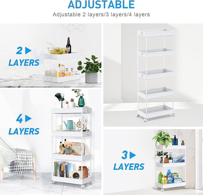 SPACEKEEPER 5-Tier Storage Cart Organizer Rolling Utility Cart, Mobile Shelving Unit Slide Out Storage Shelves for Kitchen Living Room Bathroom Laundry Room & Dressers, White