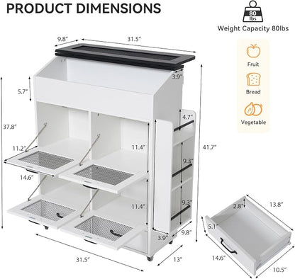 Verano Garden Large Potato and Onion Storage Bin on Wheels, Wood Bread Box w/Lid & Mesh Doors, 4-Tier Rolling Fruit and Vegetable Storage Organizer w/Grocery Section & Side Rack (White, 31.5")