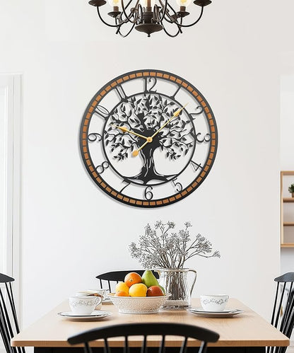 Axioglo Wall Clock,32" Large Wall Clock for Living Room Decor,Tree of Life and Wooden Frame Design,Non-Ticking Battery Operated,for Dining Room,Bedroom,Kitchen,Office Arabic Decoration