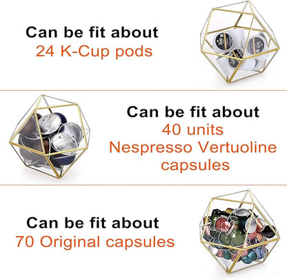 ELLDOO Gold Glass Coffee Pods Holder, Large Capacity 14 Sided Glass Box for K Cups & Nespresso Capsules, Coffee Capsule Storage for Counter Coffee Bar, Kitchen, Office