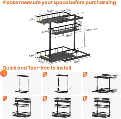 Under Sink Organizer and Storage for Bathroom and Kitchen - 2 Pack 3 Tier Under Cabinet Pull Out Shelf Organizers - Slide Out Drawer Organization for Home Cabinets Shelves and Drawers