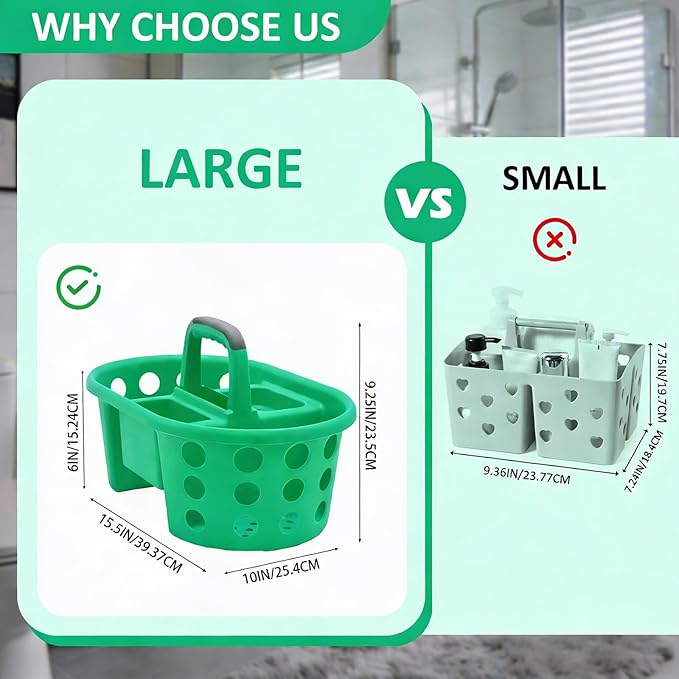 Large Shower Caddy Portable 2PC - Made in USA Plastic Jumbo Size Dorm Storage Candy Tote with Handle Shower Organizer for Bathroom, Pantry, Kitchen, College Dorm, Green