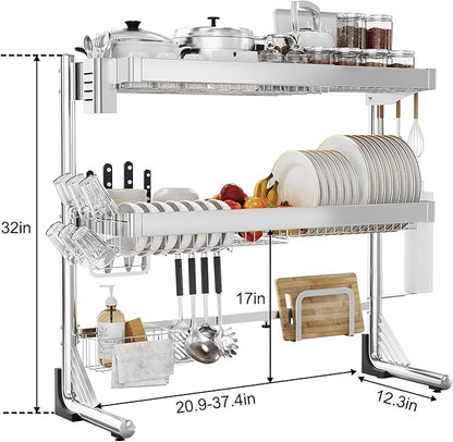 Over The Sink Dish Drainer Drying Rack 3 Tier, Full Stainless Steel Dish Drying Rack Adjustable Length 20.9''-37.4'', Kitchen Sink Shelf, Organized Space-Saving Dish Rack
