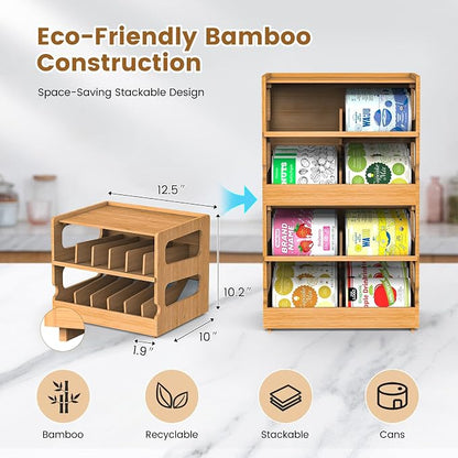 Teamkio Stackable Bamboo Cat Food Organizer, 2-Tier Adjustable FIFO Can Dispenser Space-Saving Storage, Holds Up to 36 Cans - Ideal for Pantry, Cabinet, Countertop