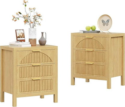 6 Drawer Dresser, Farmhouse Fluted Chest of Drawers, Wooden End Table, Mid- Century Modern Bedroom Nightstand Side Table for Bedrooms, Closets, Hallways, and Entryways, Natural X2