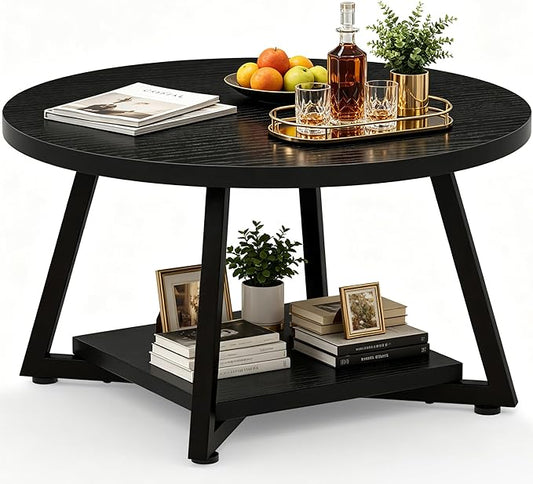 Round Coffee Table for Living Room, 27.6“ Circle Coffee Table, 2-Tier Industrial Coffee Tables with Storage, Wood Coffee Table, Modern Accent Table for Apartment, Office, Small Space, Black