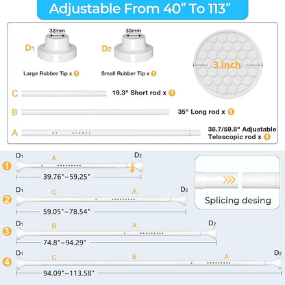 MEXAU White Tension Curtain Rod 40-113 Inch Long Tension Rod 1.26" Spring Tension Curtain Rod Adjustable Curtain Rods No Drilling Tension Shower Rod Curtain Tension Rod for Bathroom Windows Doorways