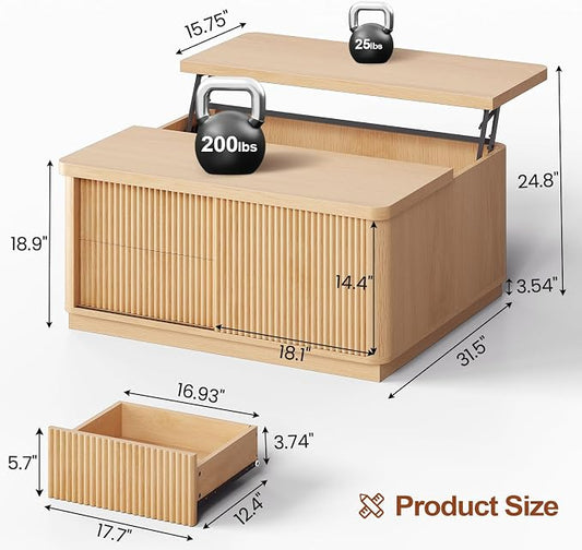 Itaar 39.4'' Lift Top Coffee Table with Storage, Fluted Coffee Tables for Living Room, Square Coffee Table with Large Hidden Compartment & 2 Drawrs & Adjustables Shelves, Oak
