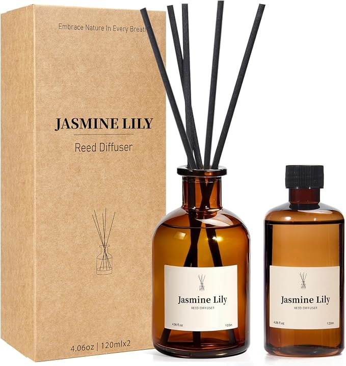 Reed Diffuser Set, 8.12 fl.oz Jasmine Lily Scented Diffuser with 10 Reed Sticks, Up to 120 Days, Home Fragrance Reed Diffuser for Bathroom Office Shelf Decor & Air Fresheners, 2 Pack