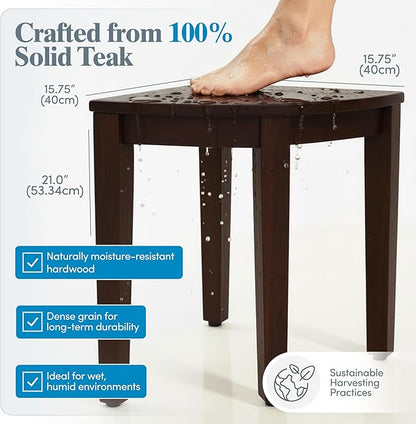 AquaTeak 15.5" Kai Mocha-Shield Corner Teak Shower Bench - Shower Stool for Bathroom with Elevated Height - Durable Water Resistant Shower Chair - Shaving Foot Rest - Indoor & Outdoor Use