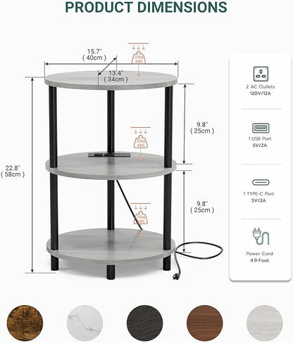 Small Round Side Table - 3-Tier Oval Accent Table for Small Spaces, Rustic Wood and Metal Nightstand for Living Room or Bedroom, Built-in USB Ports and Power Outlet, Greige