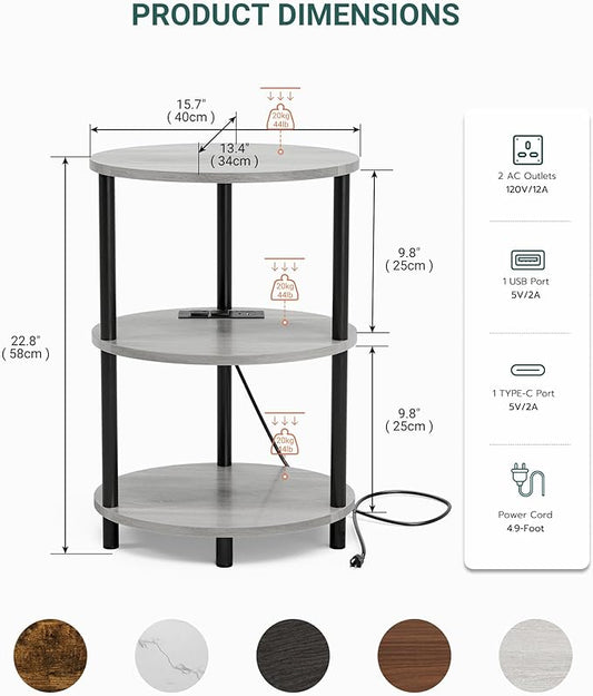 Small Round Side Table - 3-Tier Oval Accent Table for Small Spaces, Rustic Wood and Metal Nightstand for Living Room or Bedroom, Built-in USB Ports and Power Outlet, Greige