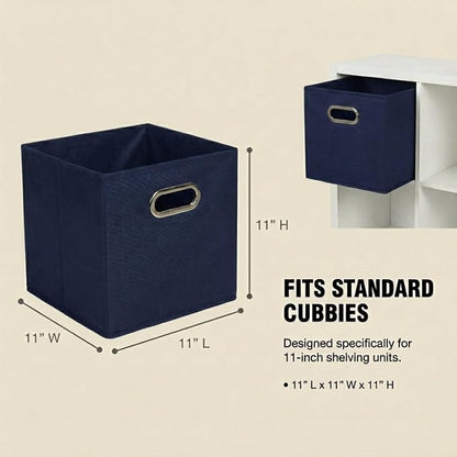 Household Essentials Fabric Storage Bins 6 Piece Set, Strong Poly-Woven Fabric, Sturdy Chipboard Sides, Grommet Front Handle, Stackable and Foldable, Classic Design, Navy