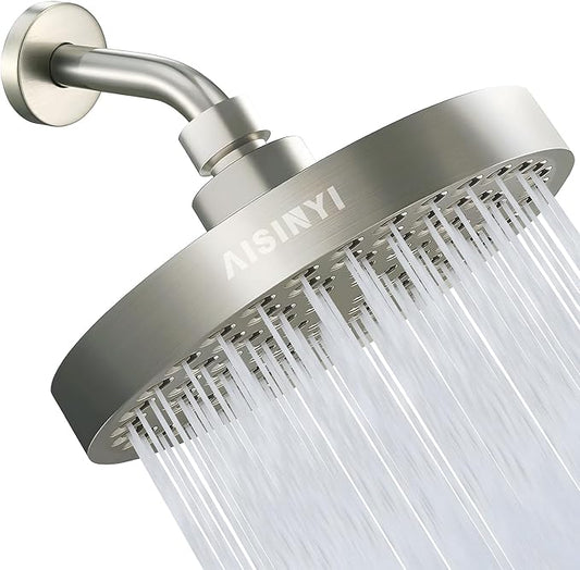 High Pressure Rainfall Shower Head, 6 Inches Showerhead with Perfect Adjustable Replacement, Removable Restrictor, Easy Installation for Your Bathroom Shower Heads(Brushed Nickel + Shower Arm)
