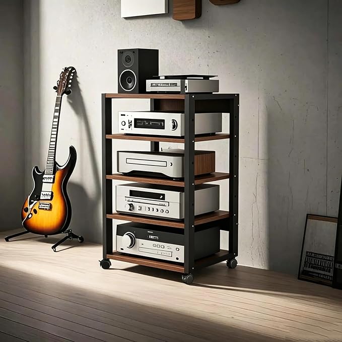 5 Tier AV Media Stand, Audio Rack Tower Stereo Components Cabinet, Home Theatre CD Record Player Stereo Receiver Equipment Rack with Adjustable Wood Shelves, Load 220lbs (Walnut Brown)